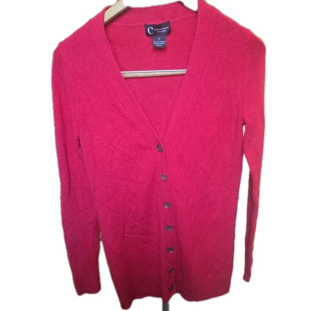 C by Bloomingdale's 100% Cashmere Red Long Cardigan Womens S 29"‎